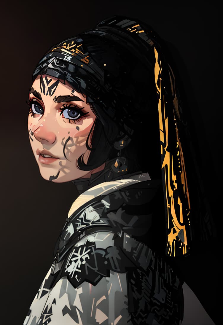  ((best quality)), ((masterpiece)), (detailed), beautiful face, female warrior, (defiance512:1.2), big eyes, heavy black iron armor, detailed helmet, intense gaze, battle ready, contrasting soft skin, (lighting:1.2), close up portrait, 4:3 aspect ratio.