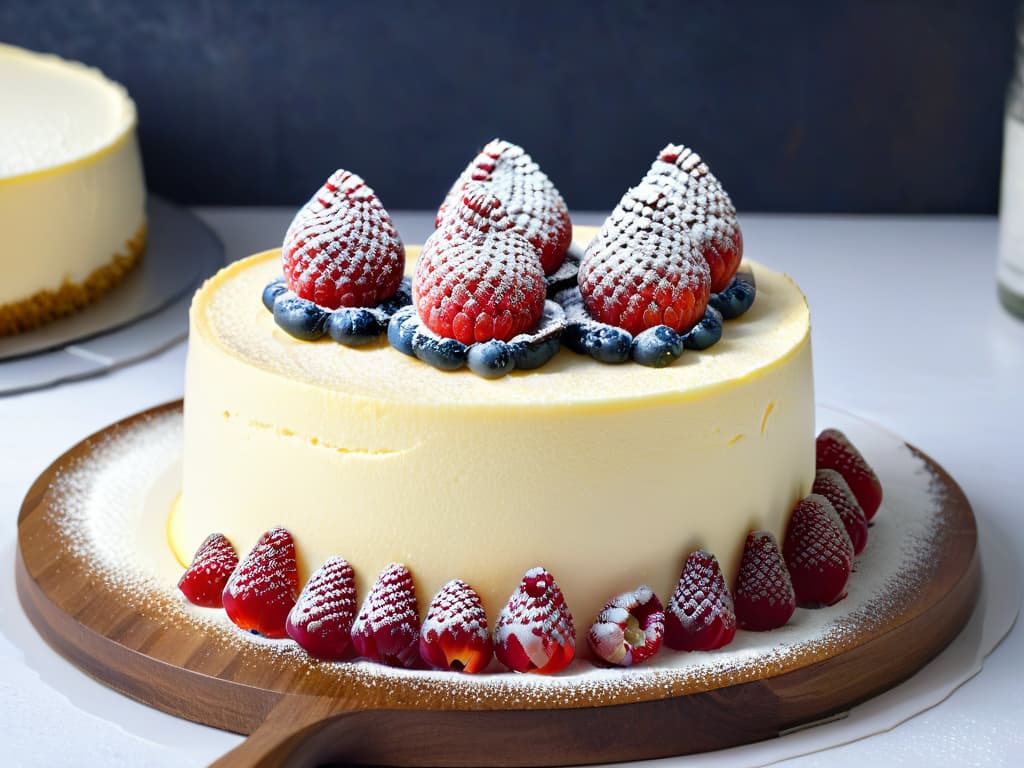  An ultradetailed image of a perfectly sliced keto cheesecake with a smooth, creamy texture and a golden almond flour crust, topped with fresh raspberries and a sprinkle of powdered erythritol. The cheesecake sits on a sleek, white plate, set against a dark backdrop to highlight its elegance and simplicity. The lighting accentuates the glossy surface of the cheesecake, making it look irresistible and delectable. hyperrealistic, full body, detailed clothing, highly detailed, cinematic lighting, stunningly beautiful, intricate, sharp focus, f/1. 8, 85mm, (centered image composition), (professionally color graded), ((bright soft diffused light)), volumetric fog, trending on instagram, trending on tumblr, HDR 4K, 8K