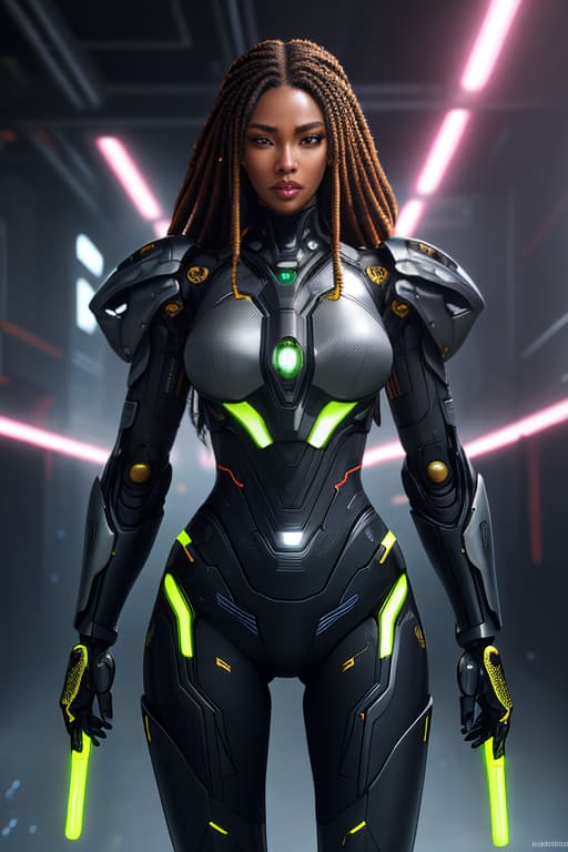  cgmech, beautiful eyes, upper body,, portrait, robot, armor, black women, neon light, 8K, RAW, best quality, masterpiece, ultra high res, colorful, (medium wide shot), (dynamic perspective), sharp focus , (depth of field, bokeh:1.3), extremely detailed eyes and face, beautiful detailed eyes,large breasts,(black gold, trimmed gear:1.2),(In a futuristic weapons factory:1.2), ((masterpiece, best quality)), <lora:more details:0.3> Detailed background, spaceship interior <lora:Niji:0.5> , african dreadlock hyperrealistic, full body, detailed clothing, highly detailed, cinematic lighting, stunningly beautiful, intricate, sharp focus, f/1. 8, 85mm, (centered image composition), (professionally color graded), ((bright soft diffused light)), volumetric fog, trending on instagram, trending on tumblr, HDR 4K, 8K