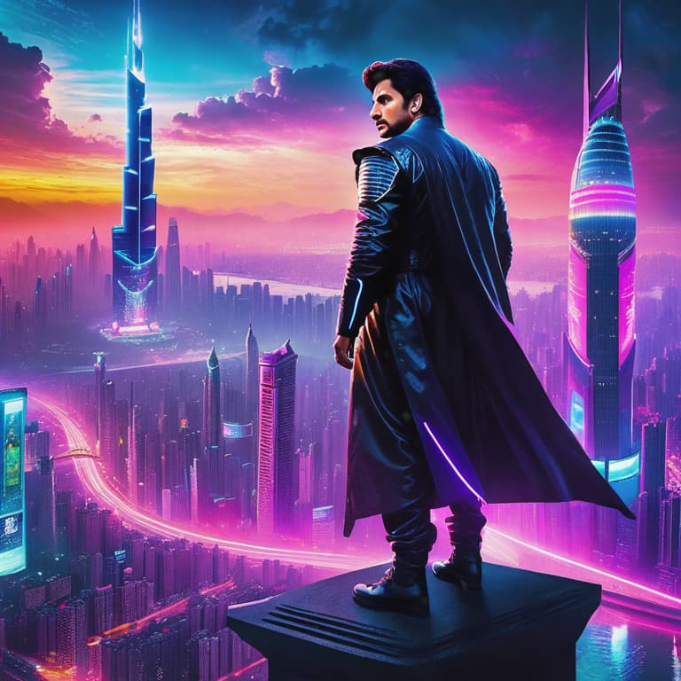  Sharuk Khan, the renowned Bollywood actor, is depicted in a mesmerizing neon-lit scene. In this futuristic image, he stands atop a skyscraper, surrounded by a metropolis bathed in vibrant and contrasting hues. Digital billboards illuminate the night sky, casting a vibrant glow that contrasts with the dark, dystopian cityscape. The atmosphere is reminiscent of a cyberpunk video game, evoking a sense of mystery and excitement. With a confident gaze, Sharuk Khan becomes the epitome of a charismatic digital icon in this stunning visual. hyperrealistic, full body, detailed clothing, highly detailed, cinematic lighting, stunningly beautiful, intricate, sharp focus, f/1. 8, 85mm, (centered image composition), (professionally color graded), ((bright soft diffused light)), volumetric fog, trending on instagram, trending on tumblr, HDR 4K, 8K
