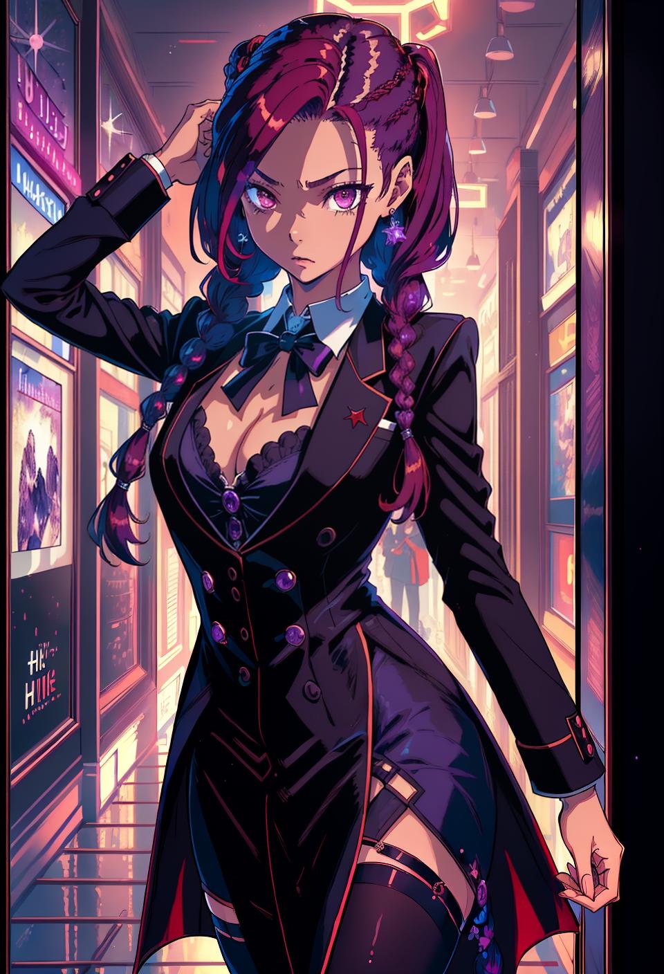  ((trending, highres, masterpiece, cinematic shot)), 1girl, young, female formal wear, mall scene, very long spiked red hair, hair in braids, narrow purple eyes, handy personality, mischievous expression, very dark skin, morbid, lucky