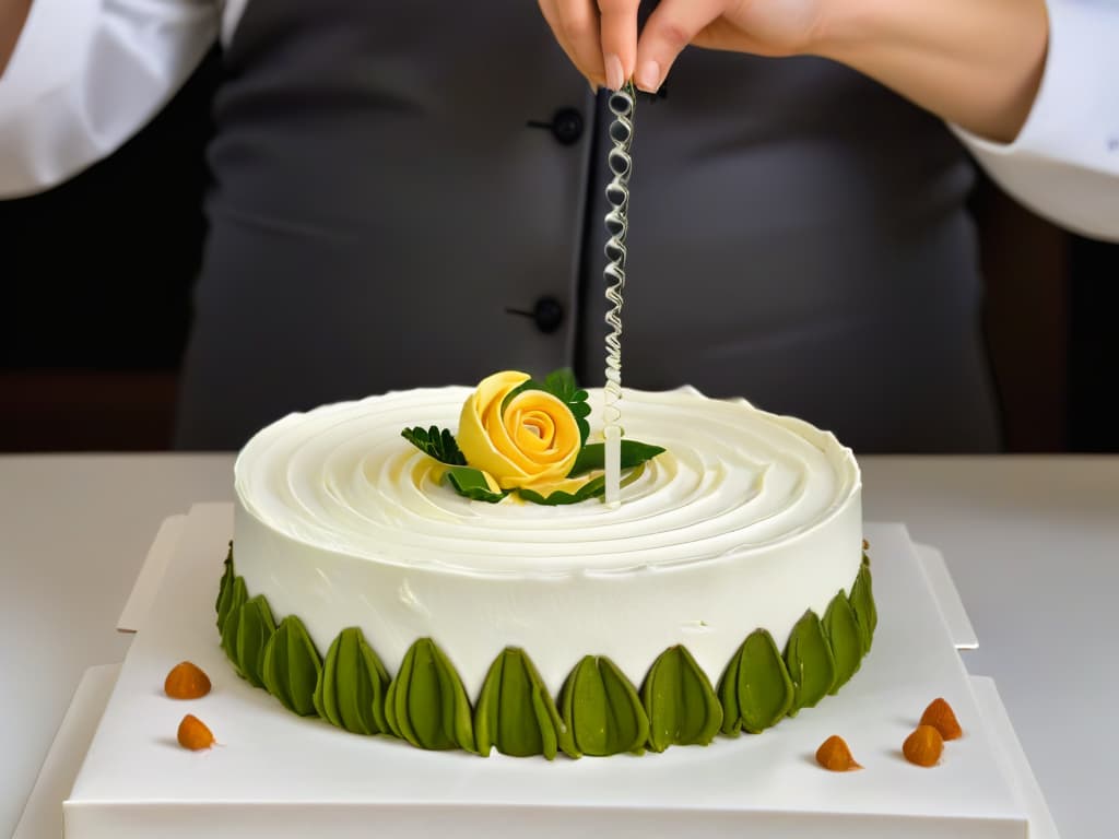  A highresolution, minimalist image of a chef's hand meticulously piping intricate designs on a beautifully crafted cake, showcasing precision and artistry in pastry competition preparation. The focus is on the delicate movements of the hand, capturing the essence of developing key skills for pastry contests. The background is soft and neutral to emphasize the details of the piping work, creating a visually appealing and inspiring visual for the article on mastering pastry competition strategies through practice and skill development. hyperrealistic, full body, detailed clothing, highly detailed, cinematic lighting, stunningly beautiful, intricate, sharp focus, f/1. 8, 85mm, (centered image composition), (professionally color graded), ((bright soft diffused light)), volumetric fog, trending on instagram, trending on tumblr, HDR 4K, 8K