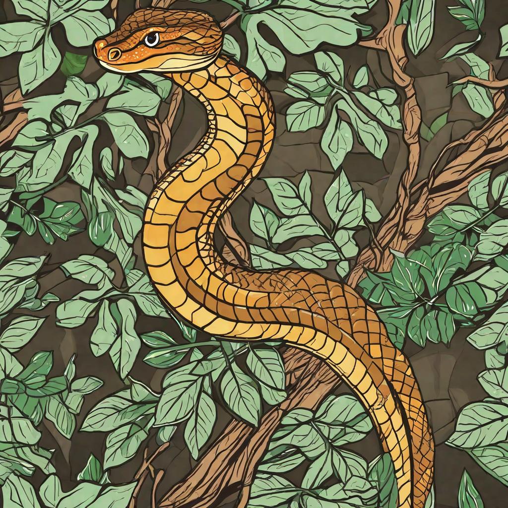  masterpiece, best quality, Eyeless viper with mouth open wrapped around tree branch surrounded by leaves