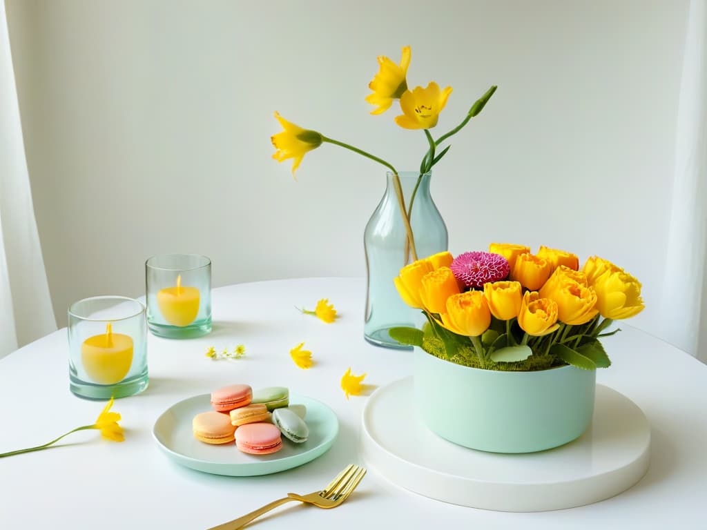  A beautifully arranged minimalist table setting for Easter, featuring delicate pastelcolored macarons, a vase of fresh spring flowers, and elegant white ceramic dishes with golden cutlery. The soft natural light filtering in through a nearby window highlights the intricate details of the table decor, creating a serene and inviting atmosphere perfect for celebrating the renewal of life during Easter. hyperrealistic, full body, detailed clothing, highly detailed, cinematic lighting, stunningly beautiful, intricate, sharp focus, f/1. 8, 85mm, (centered image composition), (professionally color graded), ((bright soft diffused light)), volumetric fog, trending on instagram, trending on tumblr, HDR 4K, 8K