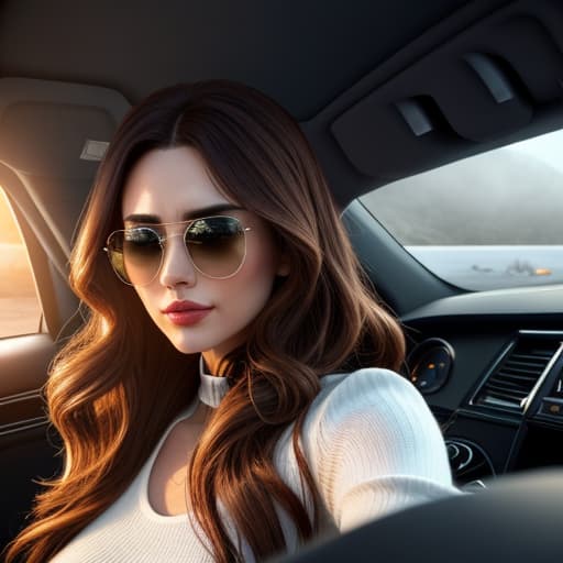  girl on the car selfie photo wavy brown hair with sunglasses High Resolution hyperrealistic, full body, detailed clothing, highly detailed, cinematic lighting, stunningly beautiful, intricate, sharp focus, f/1. 8, 85mm, (centered image composition), (professionally color graded), ((bright soft diffused light)), volumetric fog, trending on instagram, trending on tumblr, HDR 4K, 8K