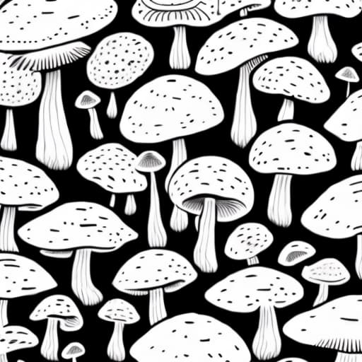  A forest of colossal mushrooms, their caps like umbrellas sheltering delicate, glowing flora, adult coloring sheet, contour, vector, clean line art, white background, detailed, black and white, in the style of  , with meticulously details