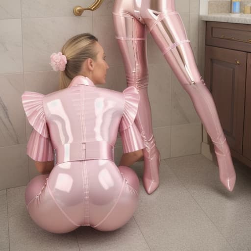  two very beautiful angels,oiled shiny, light pink vinyl  with open button placket in the crotch,hard pointy warts button, shows his oiled shiny,long socs with ruffles and socsbelts,bathroomarea