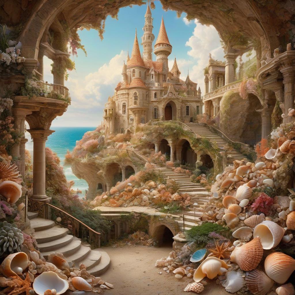  Dgital Image. Beautiful surrealistic castle created from seashells of different sizes and shapes. The towers are decorated with shells, the arches are made of shells, the stairs are made of shells:: lots of shells, shells. Stunning imagination, fabulous, unusual, with elements of mother of pearl:: patterned. Exquisite rocaille and fantasy surrealism. Decorative excesses. Background: sandy beach, sea and sun, highlights on water. Josephine's Wall. Fragonard and Antoine Watteau. Sabbas Aptheros, Alfonso Mucha, Carole Buck, Andrew Jones, Gustav Klimt. High detail. High quality. HDR hyperrealistic, full body, detailed clothing, highly detailed, cinematic lighting, stunningly beautiful, intricate, sharp focus, f/1. 8, 85mm, (centered image composition), (professionally color graded), ((bright soft diffused light)), volumetric fog, trending on instagram, trending on tumblr, HDR 4K, 8K