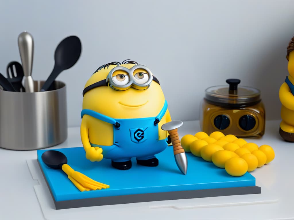  A highresolution, 8k ultradetailed image of a sleek, minimalistic kitchen countertop adorned with a set of vibrant yellow and blue Minionthemed cooking utensils neatly arranged next to a whimsically designed Minion apron. The utensils include a spatula, whisk, measuring cups, and a rolling pin, all featuring cute Minion faces and motifs. The image conveys a sense of fun and creativity, appealing to those looking to infuse their baking endeavors with a touch of Minioninspired whimsy. hyperrealistic, full body, detailed clothing, highly detailed, cinematic lighting, stunningly beautiful, intricate, sharp focus, f/1. 8, 85mm, (centered image composition), (professionally color graded), ((bright soft diffused light)), volumetric fog, trending on instagram, trending on tumblr, HDR 4K, 8K