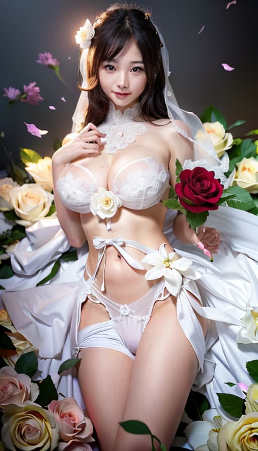  Japanese, cute face, female college student, E cup, smile, rose, sexy wedding dress, (Masterpiece, BestQuality:1.3), (ultra detailed:1.2), (hyperrealistic:1.3), (RAW photo:1.2),High detail RAW color photo, professional photograph, (Photorealistic:1.4), (realistic:1.4), ,professional lighting, (japanese), beautiful face, (realistic face)