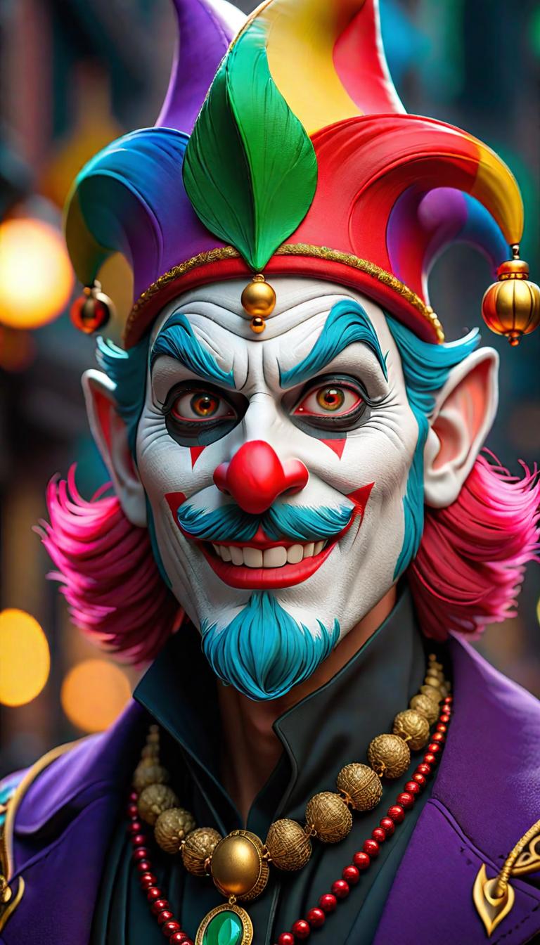  Professional 3D model of a sinister jester in a dark carnival. Dark, mysterious, scary, haunting, dramatic, ornate, detailed. . Rendered with Octane, the model is highly detailed,dramatic lighting. hyperrealistic, full body, detailed clothing, highly detailed, cinematic lighting, stunningly beautiful, intricate, sharp focus, f/1. 8, 85mm, (centered image composition), (professionally color graded), ((bright soft diffused light)), volumetric fog, trending on instagram, trending on tumblr, HDR 4K, 8K