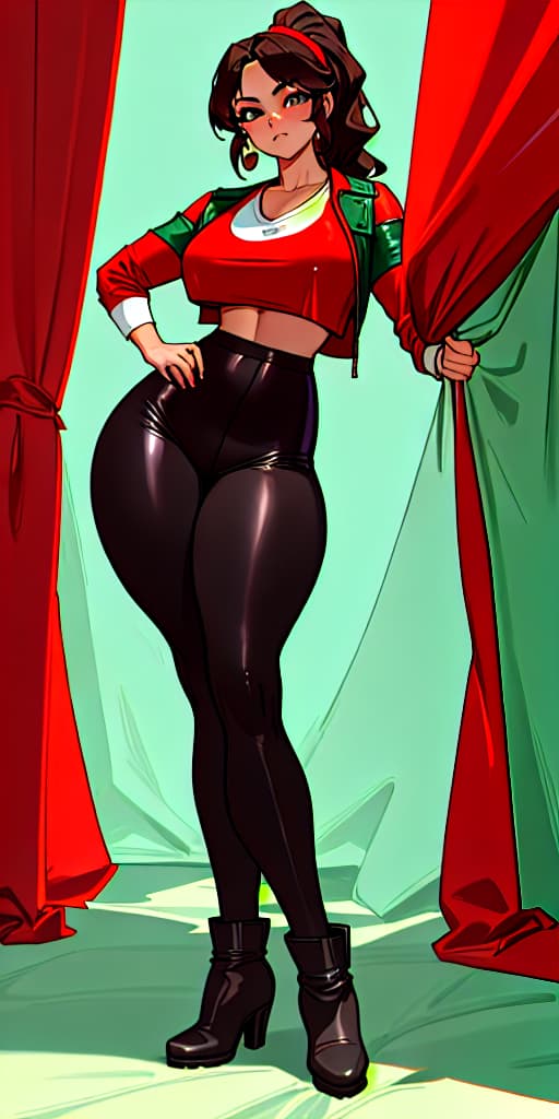 Extremely beautiful face, Mexican woman, slave woman, hourglass body, latina, Mexican face, extreme facial features, wearing makeup, dimples, long brown curly hair in ponytail, (curtain bangs) in in red leather jacket, plain white v neck t shirt, dark green backpack, shirt exposing boobs, black leggings, black boots, extremely detailed, stunning visuals, Strong athletic body, thick thighs showing, curved hips, detailed face, beautiful eyes, full body thighs showing, sexy body, latina baddie,