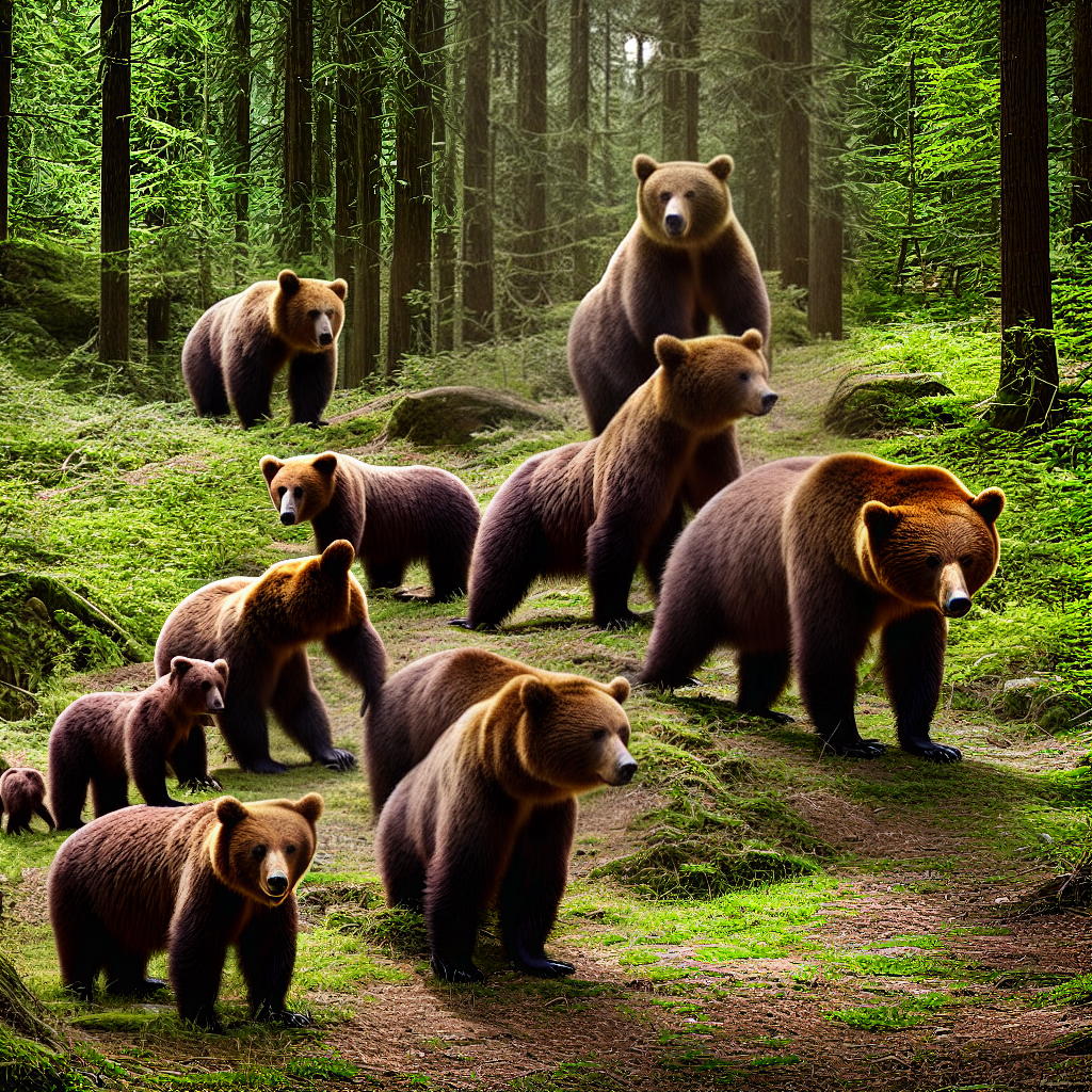  A family of bears in the woods hyperrealistic, full body, detailed clothing, highly detailed, cinematic lighting, stunningly beautiful, intricate, sharp focus, f/1. 8, 85mm, (centered image composition), (professionally color graded), ((bright soft diffused light)), volumetric fog, trending on instagram, trending on tumblr, HDR 4K, 8K
