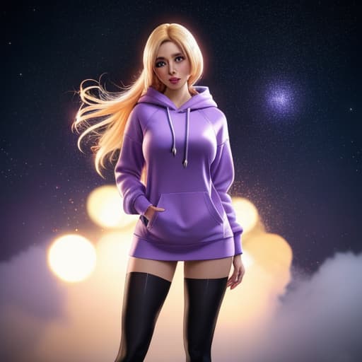  anime woman with blondish hair, wearing a purple hoodie, with magical sparkles in the air hyperrealistic, full body, detailed clothing, highly detailed, cinematic lighting, stunningly beautiful, intricate, sharp focus, f/1. 8, 85mm, (centered image composition), (professionally color graded), ((bright soft diffused light)), volumetric fog, trending on instagram, trending on tumblr, HDR 4K, 8K