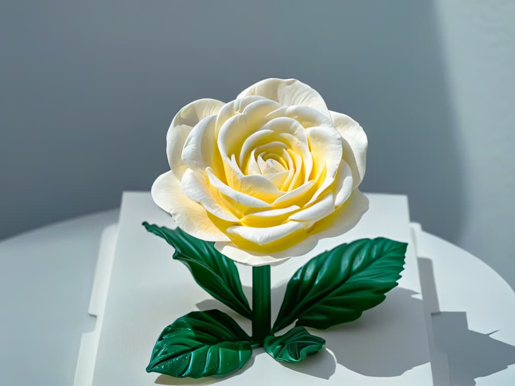  An image of a pristine white sugar sculpture delicately painted with vibrant, lifelike colors. The sculpture is a detailed miniature of a blooming rose, with each petal elegantly shaded and highlighted to create a stunningly realistic appearance. The colors are rich and saturated, showcasing the artistry and skill involved in coloring sugar sculptures. The background is a soft, blurred gradient to ensure the focus remains on the intricate details of the sculpture. hyperrealistic, full body, detailed clothing, highly detailed, cinematic lighting, stunningly beautiful, intricate, sharp focus, f/1. 8, 85mm, (centered image composition), (professionally color graded), ((bright soft diffused light)), volumetric fog, trending on instagram, trending on tumblr, HDR 4K, 8K