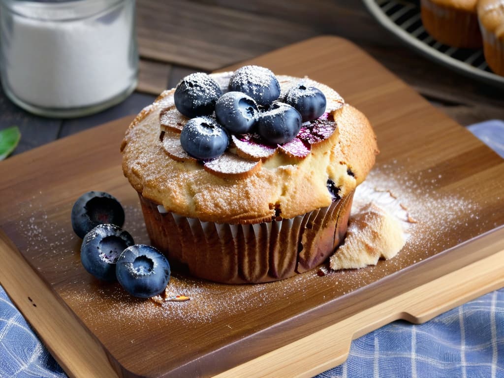  A closeup, photorealistic image of a freshly baked blueberry muffin with a goldenbrown crust, topped with a sprinkle of powdered sugar and a few vibrant dried blueberries. The muffin is placed on a rustic wooden table, surrounded by scattered dried blueberries, fresh blueberries, and a few sprigs of mint leaves for decoration. The lighting is soft, with natural sunlight streaming in, highlighting the texture of the muffin and the glossy surface of the blueberries. This mouthwatering image perfectly complements the informative article on the antioxidant power of dried blueberries in baking. hyperrealistic, full body, detailed clothing, highly detailed, cinematic lighting, stunningly beautiful, intricate, sharp focus, f/1. 8, 85mm, (centered image composition), (professionally color graded), ((bright soft diffused light)), volumetric fog, trending on instagram, trending on tumblr, HDR 4K, 8K