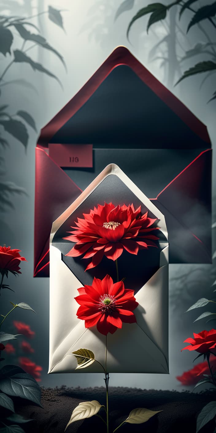  surrealist art letter envelope and red flower . dreamlike, mysterious, provocative, symbolic, intricate, detailed hyperrealistic, full body, detailed clothing, highly detailed, cinematic lighting, stunningly beautiful, intricate, sharp focus, f/1. 8, 85mm, (centered image composition), (professionally color graded), ((bright soft diffused light)), volumetric fog, trending on instagram, trending on tumblr, HDR 4K, 8K