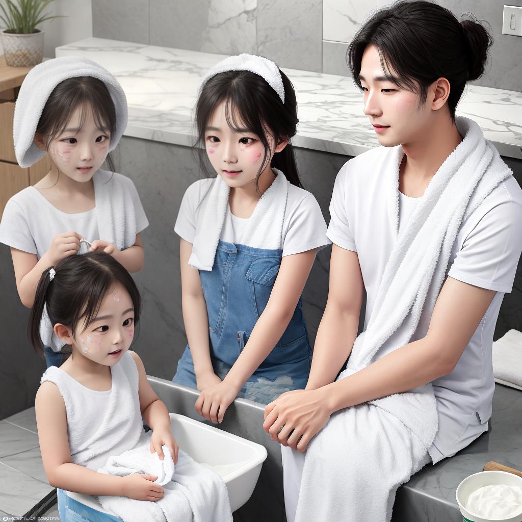  masterpiece, best quality, family of three wash their faces with towels