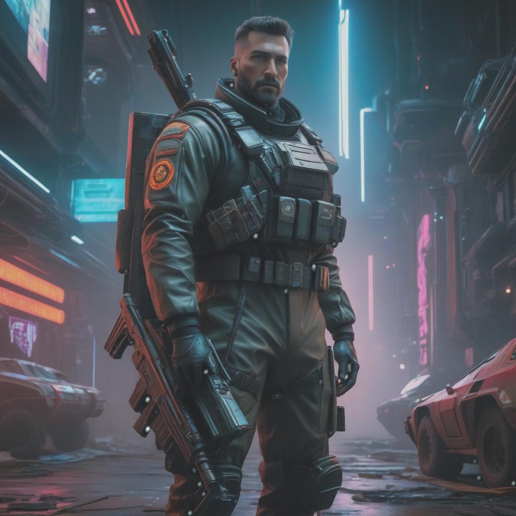  cyberpunk game style A man in uniform stands, weapon, future, flag of USSR, spaceship. . neon, dystopian, futuristic, digital, vibrant, detailed, high contrast, reminiscent of cyberpunk genre video games hyperrealistic, full body, detailed clothing, highly detailed, cinematic lighting, stunningly beautiful, intricate, sharp focus, f/1. 8, 85mm, (centered image composition), (professionally color graded), ((bright soft diffused light)), volumetric fog, trending on instagram, trending on tumblr, HDR 4K, 8K