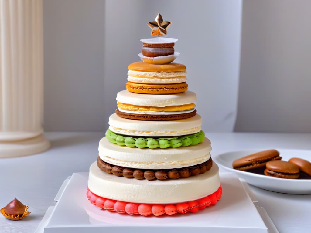  A closeup photorealistic image of a beautifully crafted macaron tower with intricate details and vibrant colors, showcasing the use of special sugars like coconut sugar and panela in gourmet pastry baking. The macarons are elegantly arranged in a pyramid shape, highlighting the artistry and precision involved in creating these delicate gourmet treats. The image captures the fine texture, glossy finish, and rich hues of the macarons, inviting the viewer to indulge in the world of special sugars and exquisite desserts. hyperrealistic, full body, detailed clothing, highly detailed, cinematic lighting, stunningly beautiful, intricate, sharp focus, f/1. 8, 85mm, (centered image composition), (professionally color graded), ((bright soft diffused light)), volumetric fog, trending on instagram, trending on tumblr, HDR 4K, 8K