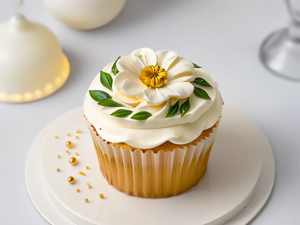  An ultradetailed closeup image of a beautifully decorated cupcake with intricate frosting swirls, delicate edible flowers, and shimmering gold leaf details, set against a simple, elegant white background. The cupcake is displayed on a modern, sleek ceramic plate, enhancing its visual appeal and highlighting the artistry of its design. hyperrealistic, full body, detailed clothing, highly detailed, cinematic lighting, stunningly beautiful, intricate, sharp focus, f/1. 8, 85mm, (centered image composition), (professionally color graded), ((bright soft diffused light)), volumetric fog, trending on instagram, trending on tumblr, HDR 4K, 8K