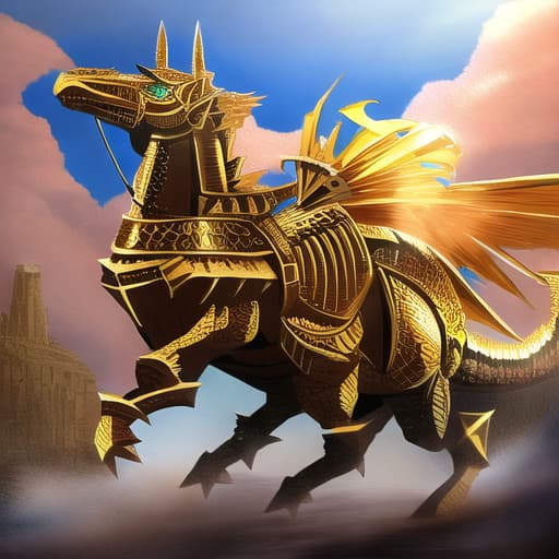  golden armored knight rides a dragon, 🦖🌈🦖, background medieval 🏰, focus 🦖 and knight