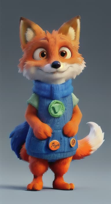  {Error the fox pressing the blue button with his paw, looking puzzled as nothing occurs., Error is a small, bright orange fox with a fluffy tail and big, inquisitive eyes. He has a mischievous yet kind expression and wears a tiny green scarf.