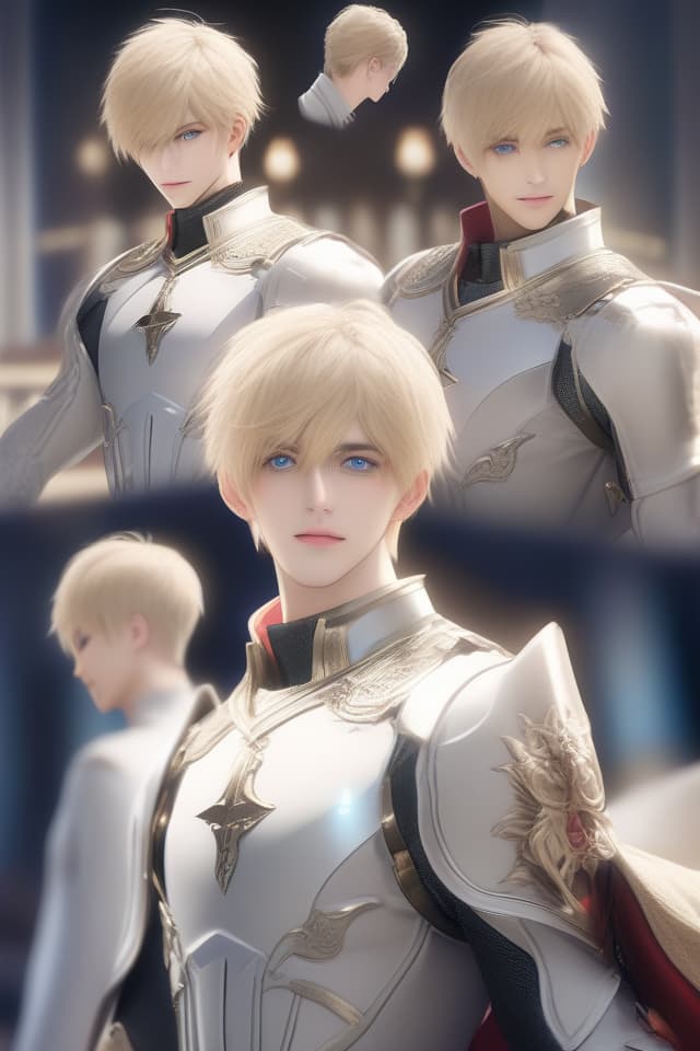  男性一人,masterpiece,holy knight,handsome,good looking,blue eye color,{(whitish blonde hair)(two block)(side cropped)(all back haircut)}(expressionless) wearing white knight's outfit,high quality,8k