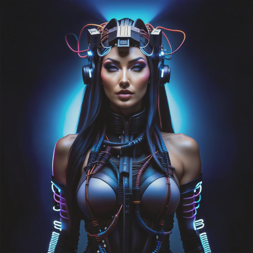  cyberpunk game style Cybernetic woman with multiple bundles of cables on her head. . neon, dystopian, futuristic, digital, vibrant, detailed, high contrast, reminiscent of cyberpunk genre video games hyperrealistic, full body, detailed clothing, highly detailed, cinematic lighting, stunningly beautiful, intricate, sharp focus, f/1. 8, 85mm, (centered image composition), (professionally color graded), ((bright soft diffused light)), volumetric fog, trending on instagram, trending on tumblr, HDR 4K, 8K