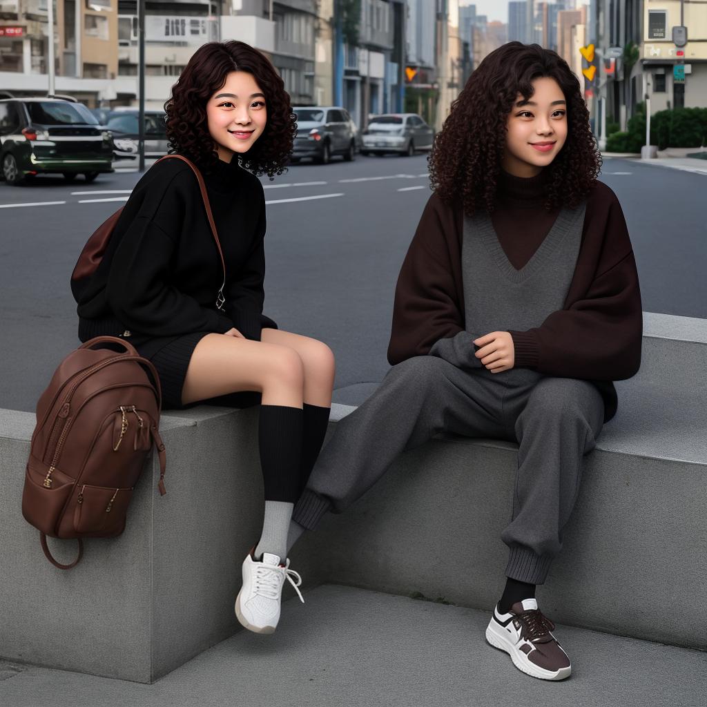  masterpiece, best quality, female,solo,best quality,8k resolution,student,longeyelashes,wide eyes,heart-shaped mouth, lips,light smile,medium hair,brown hair,black hair,curly hair, uniform,pleated ,western,sweater,shoes,sneakers,socks,stockings,arched back,in summer,sun,,city,dark skinned