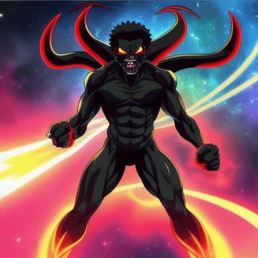  A demon looking black angry anime character in space