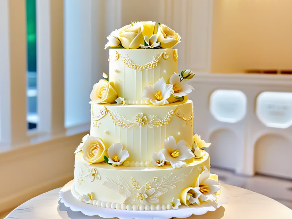  A closeup, ultradetailed photograph of an elegantly decorated threetiered wedding cake with intricate white lace piping, delicate sugar flowers in pastel hues cascading down the sides, and shimmering edible gold leaf accents. Each petal and detail is flawlessly captured, showcasing the skill and artistry of the pastry chef. The background is softly blurred, emphasizing the meticulous craftsmanship of the cake, making it a visually stunning and aspirational image for readers seeking inspiration for their own memorable events. hyperrealistic, full body, detailed clothing, highly detailed, cinematic lighting, stunningly beautiful, intricate, sharp focus, f/1. 8, 85mm, (centered image composition), (professionally color graded), ((bright soft diffused light)), volumetric fog, trending on instagram, trending on tumblr, HDR 4K, 8K