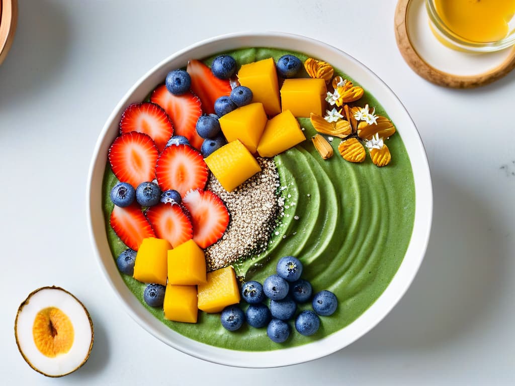  An ultradetailed closeup image of a vibrant green spirulina smoothie bowl topped with sliced tropical fruits, chia seeds, and edible flowers, beautifully arranged on a white marble countertop. The smoothie bowl is garnished with a sprinkle of golden flaxseeds and coconut flakes, with a sleek silver spoon placed delicately on the side. The natural lighting enhances the vivid colors of the nutritious ingredients, creating a visually striking and appetizing minimalistic composition. hyperrealistic, full body, detailed clothing, highly detailed, cinematic lighting, stunningly beautiful, intricate, sharp focus, f/1. 8, 85mm, (centered image composition), (professionally color graded), ((bright soft diffused light)), volumetric fog, trending on instagram, trending on tumblr, HDR 4K, 8K