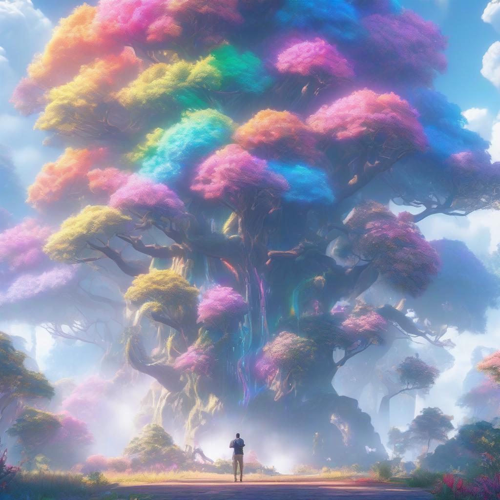  "Write a rainbow and colorful world, with exotic trees" hyperrealistic, full body, detailed clothing, highly detailed, cinematic lighting, stunningly beautiful, intricate, sharp focus, f/1. 8, 85mm, (centered image composition), (professionally color graded), ((bright soft diffused light)), volumetric fog, trending on instagram, trending on tumblr, HDR 4K, 8K