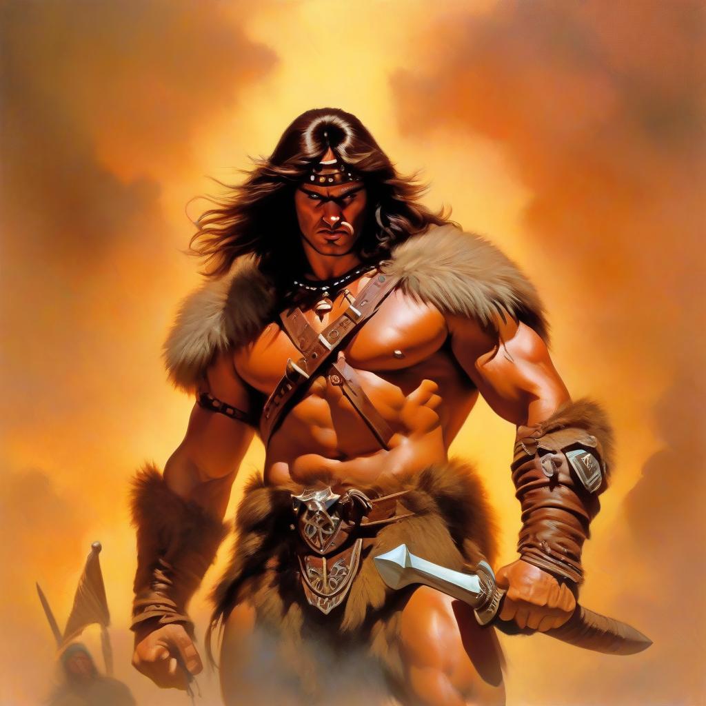  Conan the Barbarian. Draw a picture of Conan the Barbarian in the style of artist Boris Vallejo. Louis Roy. hyperrealistic, full body, detailed clothing, highly detailed, cinematic lighting, stunningly beautiful, intricate, sharp focus, f/1. 8, 85mm, (centered image composition), (professionally color graded), ((bright soft diffused light)), volumetric fog, trending on instagram, trending on tumblr, HDR 4K, 8K