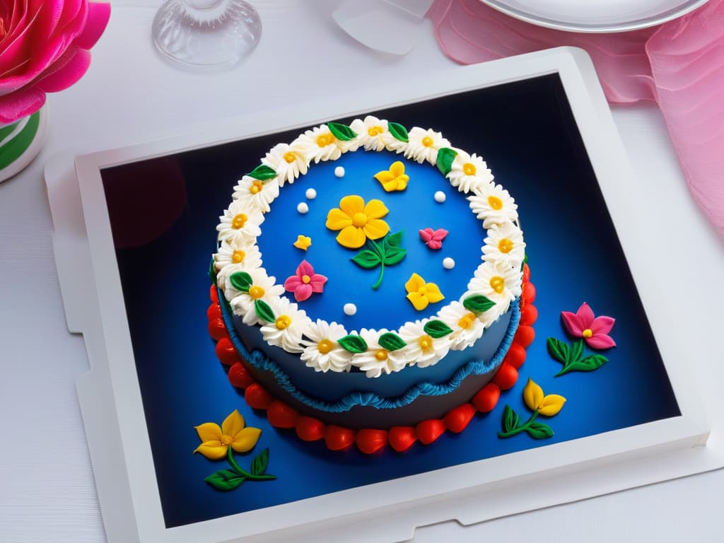  An 8k ultradetailed image of a sleek, modern digital tablet displaying a vibrant and intricately decorated cake design using digital tools. The cake design is exquisite, with intricate piping work, colorful fondant details, and delicate sugar flowers. The tablet screen shows a userfriendly digital contest management interface with options for contestant registration, judging criteria, and voting mechanisms. The background is a soft, neutral color to enhance the minimalist aesthetic, focusing all attention on the detailed cake design and the digital tablet interface. hyperrealistic, full body, detailed clothing, highly detailed, cinematic lighting, stunningly beautiful, intricate, sharp focus, f/1. 8, 85mm, (centered image composition), (professionally color graded), ((bright soft diffused light)), volumetric fog, trending on instagram, trending on tumblr, HDR 4K, 8K