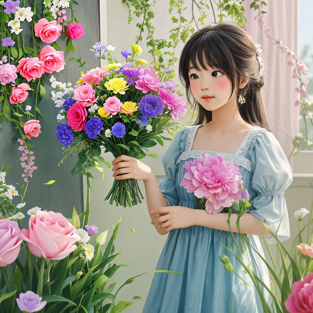  with a crayon art style, A charming scene unfolds as a girl delicately places vibrant flowers into an enchanting crayon-rendered vase.