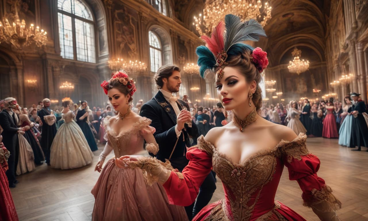  A young couple at a ball in masquerade masks, whirling to the rhythm of a waltz, in Baroque and Renaissance outfits. In a huge hall with high ceilings. The surprised audience applauds them. High detail. High quality. HDR. Focus and focus on the clarity of faces hyperrealistic, full body, detailed clothing, highly detailed, cinematic lighting, stunningly beautiful, intricate, sharp focus, f/1. 8, 85mm, (centered image composition), (professionally color graded), ((bright soft diffused light)), volumetric fog, trending on instagram, trending on tumblr, HDR 4K, 8K