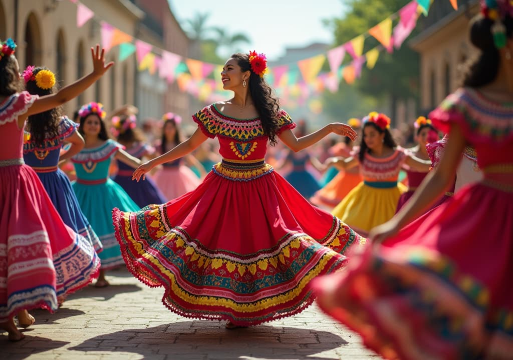  good quality, high quality, hispanic heritage month celebration, colorful traditional dresses, twirling, vibrant cultural energy