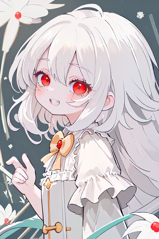  ultra detailed:1.2masterpiece:1.2,best quality,masterpiece,bestquality,hdr:1.1,8k:1.1,very cute girl:1.3,white hair:1.3,very long hair,volume hair:0.7,flare hair,curly hair:1.4,red eyes,bad mood:1.3,sleepy eyes:1.2,dot open mouth:1.3,upper body:1.3,dutch angle,half closed eyes:1.8,upper body:1.1,from side,from above ,grin:0.6,looking viewer