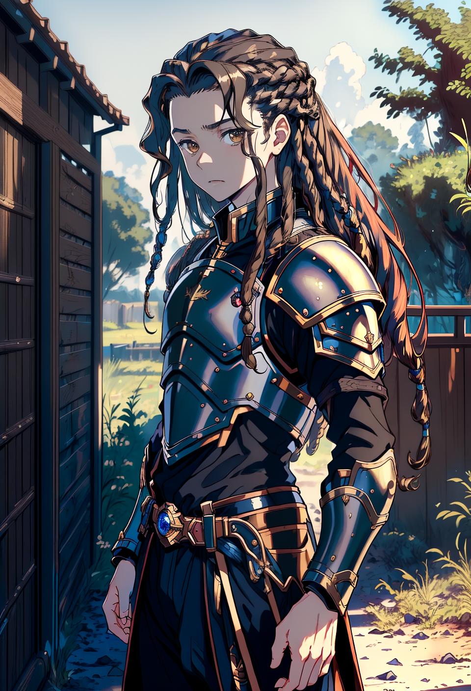  ((trending, highres, masterpiece, cinematic shot)), 1boy, chibi, male wearing armor, country scene, long curly brown hair, dreadlocks, narrow brown eyes, high class, elegant personality, mischievous expression, very pale skin, epic, toned