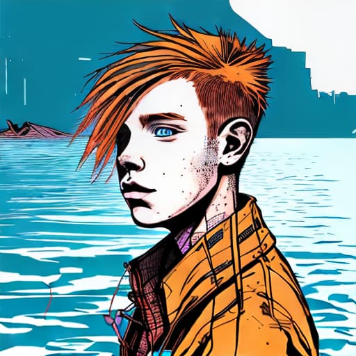 nvinkpunk A realistic ginger young with freckels taking a in a lake in blue 