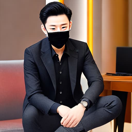 mdjrny-v4 style A handsome young man, his eyes are beautiful, wearing luxurious black clothes, wearing a mask covering half of his face, sitting in a chair, in front of him an office and computer, looks directly