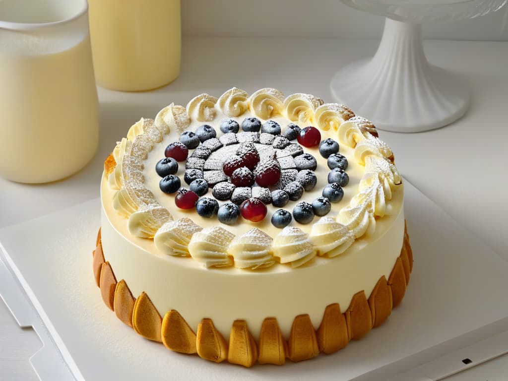  A closeup, ultradetailed image of a creamy, perfectly smooth vanilla pastry cream being poured over a delicate fruit tart, showcasing its glossy texture and flawless consistency. The cream cascades elegantly, highlighting its thick yet pourable quality, with tiny air bubbles trapped inside, signifying its expert preparation and the absence of any unwanted lumps or clumps. The backdrop is a pristine white marble countertop, enhancing the minimalistic aesthetic of the image and drawing attention solely to the luxurious dessert being adorned with the luscious cream. hyperrealistic, full body, detailed clothing, highly detailed, cinematic lighting, stunningly beautiful, intricate, sharp focus, f/1. 8, 85mm, (centered image composition), (professionally color graded), ((bright soft diffused light)), volumetric fog, trending on instagram, trending on tumblr, HDR 4K, 8K