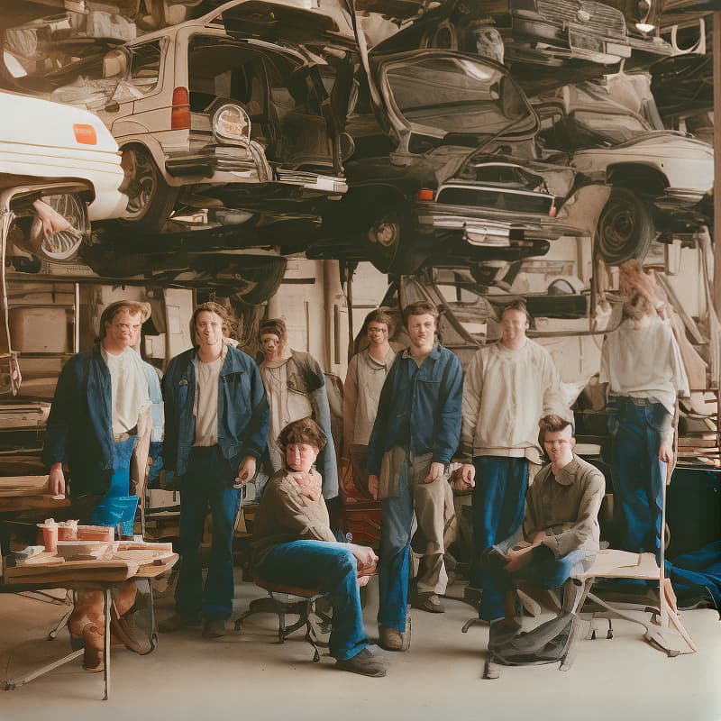 analog style team of professionals from a vehicle workshop