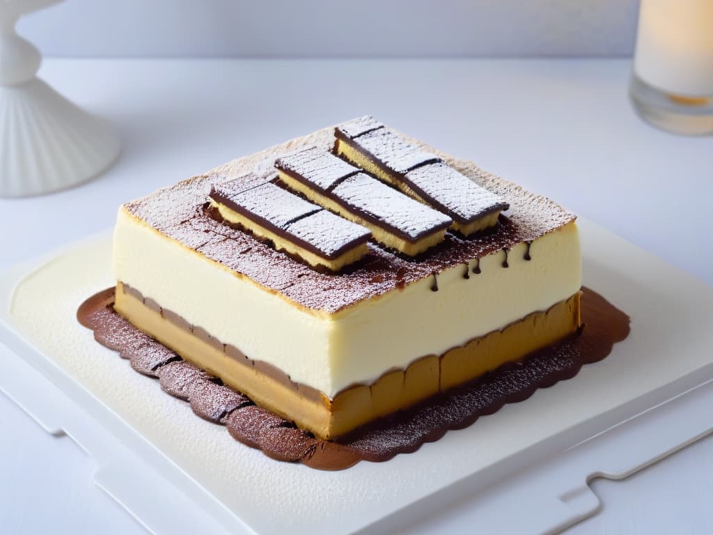  A minimalistic yet highly detailed image of a classic Tiramisú dessert elegantly presented on a white porcelain plate. The focus is on the multiple layers of coffeesoaked ladyfingers, rich mascarpone cream, and a dusting of cocoa powder on top. The lighting is soft, highlighting the textures and colors of the dessert, creating a visually appealing and appetizing composition. hyperrealistic, full body, detailed clothing, highly detailed, cinematic lighting, stunningly beautiful, intricate, sharp focus, f/1. 8, 85mm, (centered image composition), (professionally color graded), ((bright soft diffused light)), volumetric fog, trending on instagram, trending on tumblr, HDR 4K, 8K