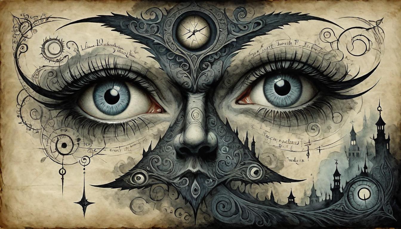  on parchment, surrealism+++, two piercing eyes, unblinking and intense, amidst an abstract background of shadowy patterns, ominous and foreboding(mysterious, provocative, symbolic,muted color)+++