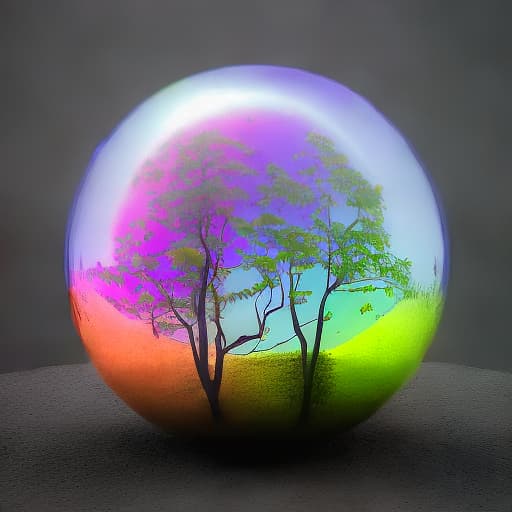 redshift style a transparent rainbow coloured sphere, with mushroom growing on moss, rich vibrant colours