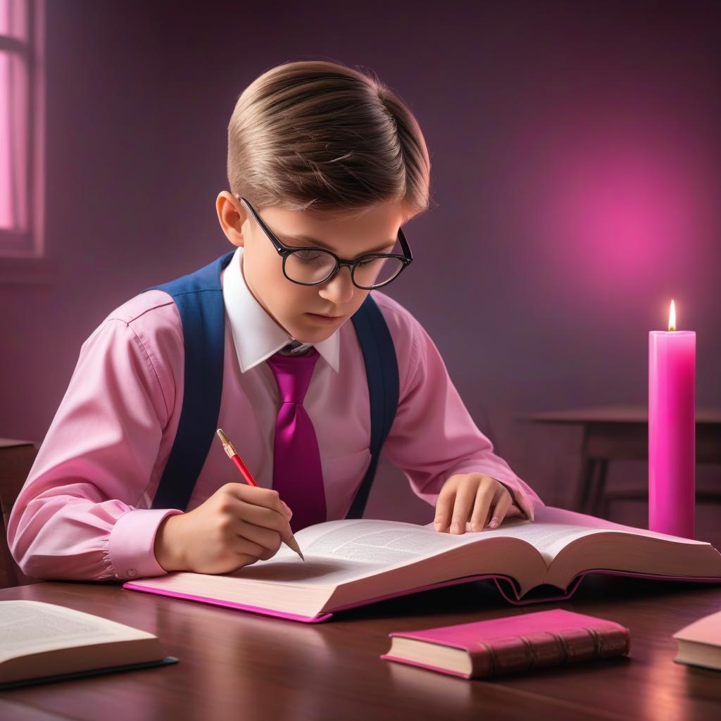  Boy with a math textbook. School math lesson. School in Russia. Boy learns math and reads the book carefully. Pink tones, fuchsia color. School uniform. hyperrealistic, full body, detailed clothing, highly detailed, cinematic lighting, stunningly beautiful, intricate, sharp focus, f/1. 8, 85mm, (centered image composition), (professionally color graded), ((bright soft diffused light)), volumetric fog, trending on instagram, trending on tumblr, HDR 4K, 8K