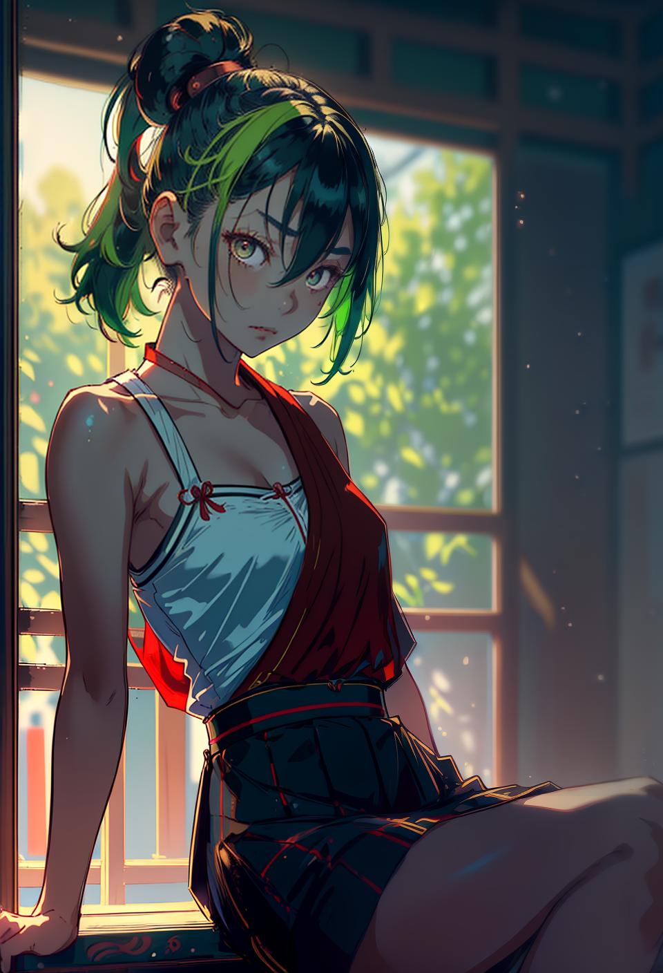  ((trending, highres, masterpiece, cinematic shot)), 1girl, young, female date attire, buddhist scene, very short straight green hair, long ponytail,  dark eyes, dumb, airheaded personality, bored expression, red skin, magical, limber